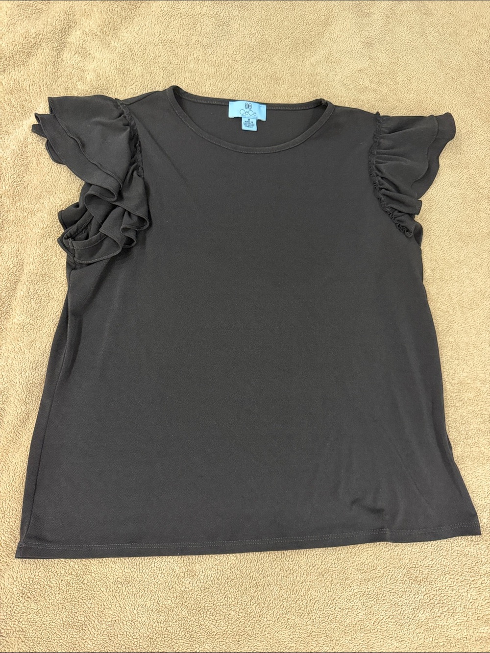 CeCe Black Short Sleeve Ruffle Shoulder Tee